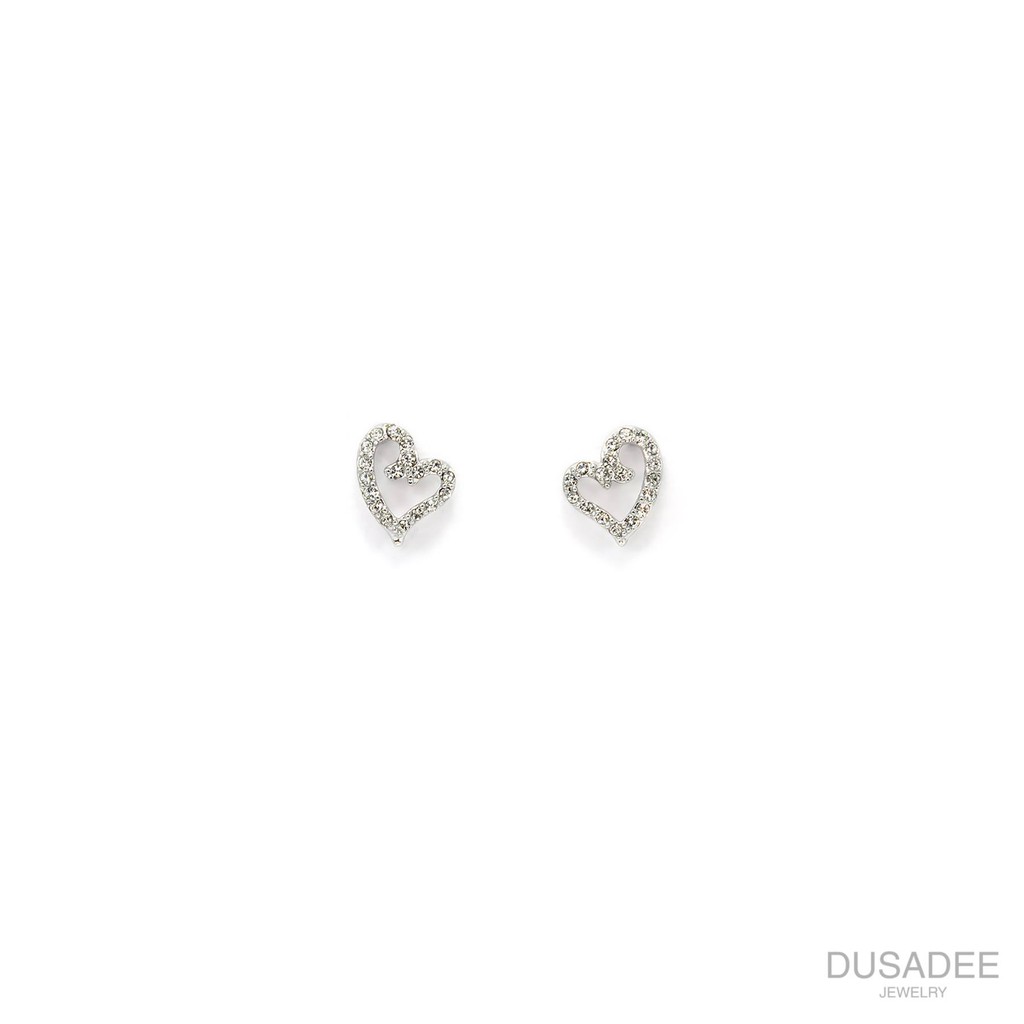 Heart Earrings ต่างหูเงินแท้ ชุบทองคำขาว ประดับเพชรสวิตน้ำ100 แบรนด์ Dusadee Jewelry