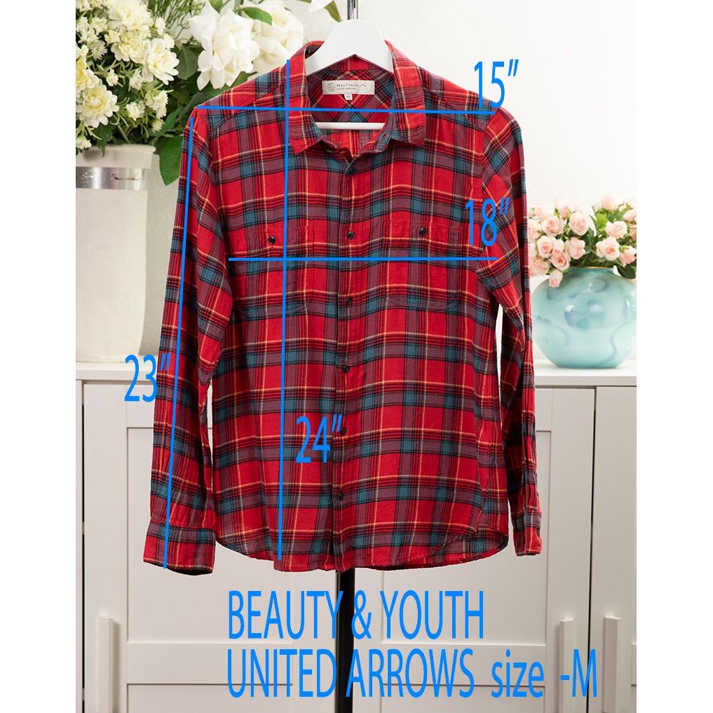 BEAUTY&YOUTH UNITED ARROWS เสื้อเชิ้ต เสื้อมือสอง ญี่ปุ่น  คอปก กระดุมหน้า ผ้าคอตตอน ลายสก๊อดมีกระเป