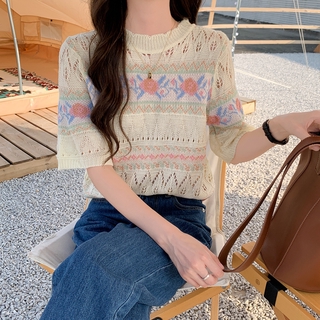 เสื้อแฟชั่นผู้หญิง Korean style loose short-sleeved sweater jacquard hollow top