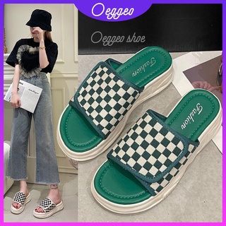 Oeggeo shop รองเท้าแตะ Velcro พื้นหนา ลายสก๊อต สําหรับผู้หญิง