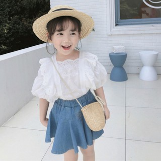 Summer Children Girls Ruffle Round Collar Tops+Jeans Skirt