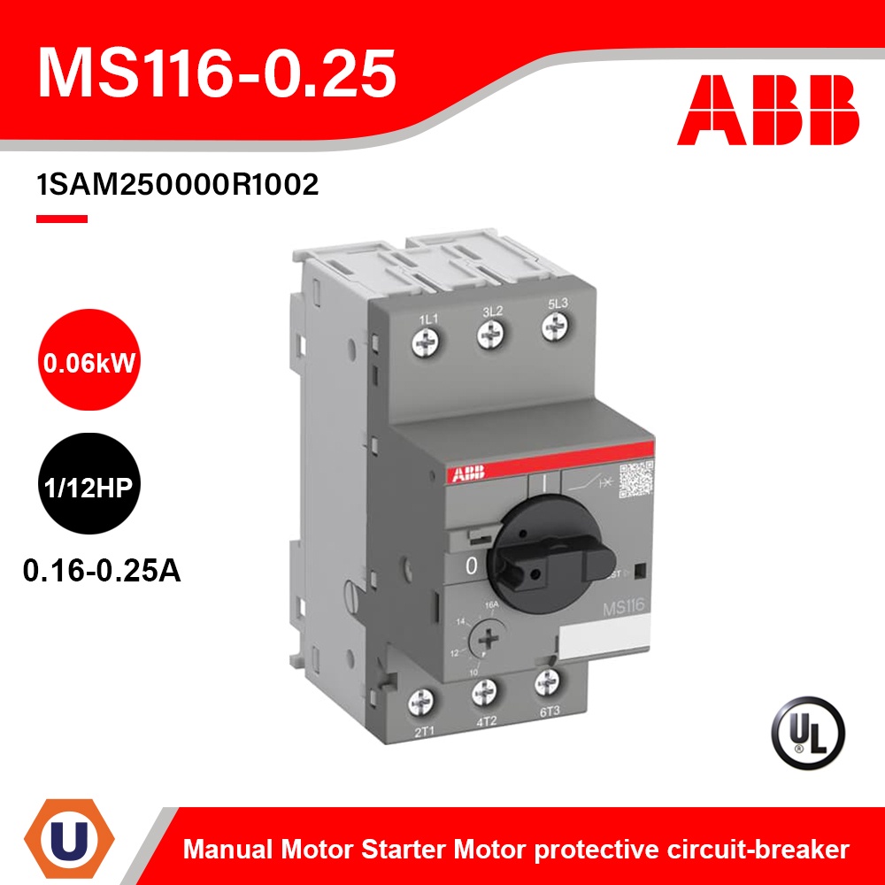 ABB - MS116-0.25 Manual Motor Starter Motor Protective Circuit-Breaker 0.16-0.25A, 50kA - 1SAM250000