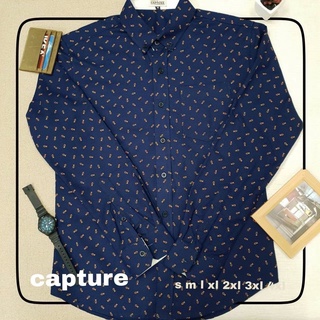 เสื้อเชิ้ตแขนยาว คอปก ผ้า Oxford ลายปลาไขว้ สีกรม  มีถึงไซส์ 4XL