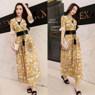 Maxidress แม็กซี่เดรส แขนสั้น ปลายแขนระบาย ทรงไขว้หน้า พิมพ์ลายกราฟฟิก