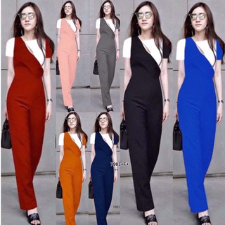 J7983 Jumpsuit จั๊มสูทขายาว อกแต่งสลับสี  สอบถามก่อนสั่งซื้อ