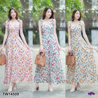 🌸💕เดรสเที่ยว ไปทะเล Maxi Dress เดรสยาว ผูกโบว์ไหล่ ลายดอกไม้หวาน มีสม๊อคด้านหลัง งานผ้าไหมอิตาลี 100D