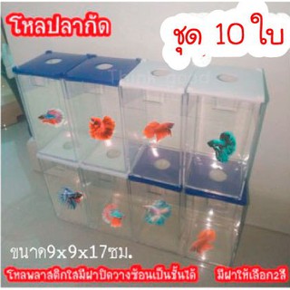 โหลปลากัด ชุด10 ใบ โหลเลี้ยงปลาพลาสติกใสพร้อมฝา ขนาด9x9x17cm ตู้ปลากัด วางตั้งซ้อนกันได้ ไม่มีรอยต่อเชื่อมประกบ