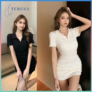 เดรสเเฟชั่นมินิมอลคอปกสีพื้น เดรสเเฟชั่นสไตล์เกาหลี เดรสมินิมอล เดรสสั้นรัดรูป เดรสคอปก เดรสมินิ