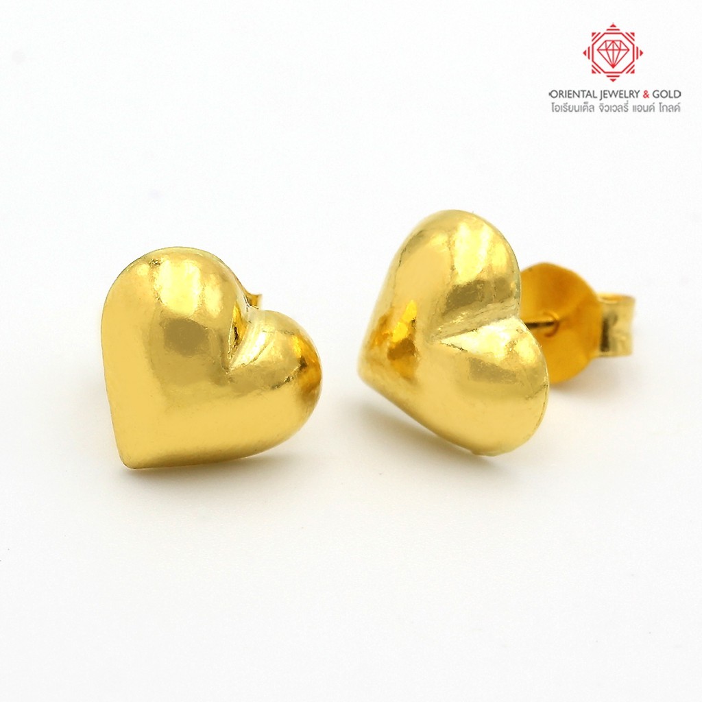 OJ GOLD ต่างหูทองแท้ นน. ครึ่งสลึง 96.5% 1.9 กรัม หัวใจเงา ขายได้ จำนำได้ มีใบรับประกัน ต่างหูทอง