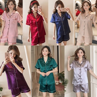 (M-5XL) ชุดนอนผ้าซาติน แขนสั้น ขาสั้น มีให้เลือก 8 สี # 5823