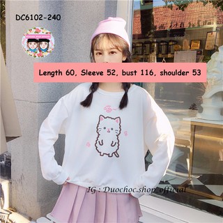 DC6102-240 เสื้อคอกลมสีขาวแขนยาวลายแมว