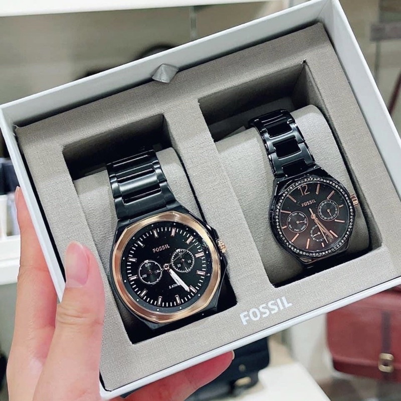 (ผ่อน0%) เซ็ทนาฬิกาสีดำโรสโกลด์ Fossil BQ2645Set His and Her Multifunction Black Stainless Steel Watch ชาย45มม หญิง36 มม