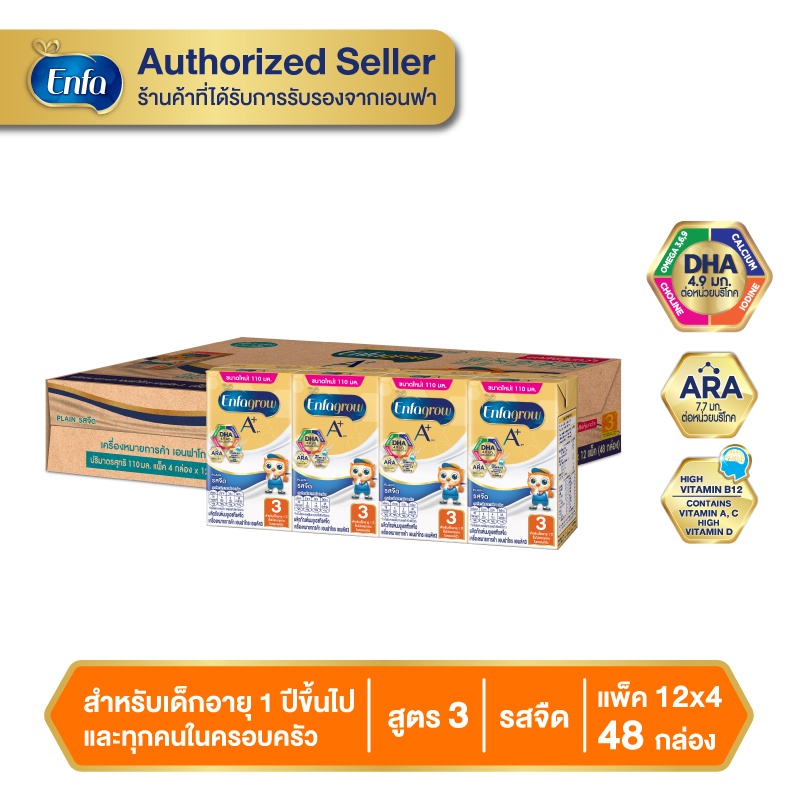 Enfagrow A+ UHT 3 เอนฟาโกร เอพลัส ยูเอชที รสจืด สูตร 3 นมกล่อง สำหรับ เด็ก ขนาด 110 มล. จำนวน 48 กล่