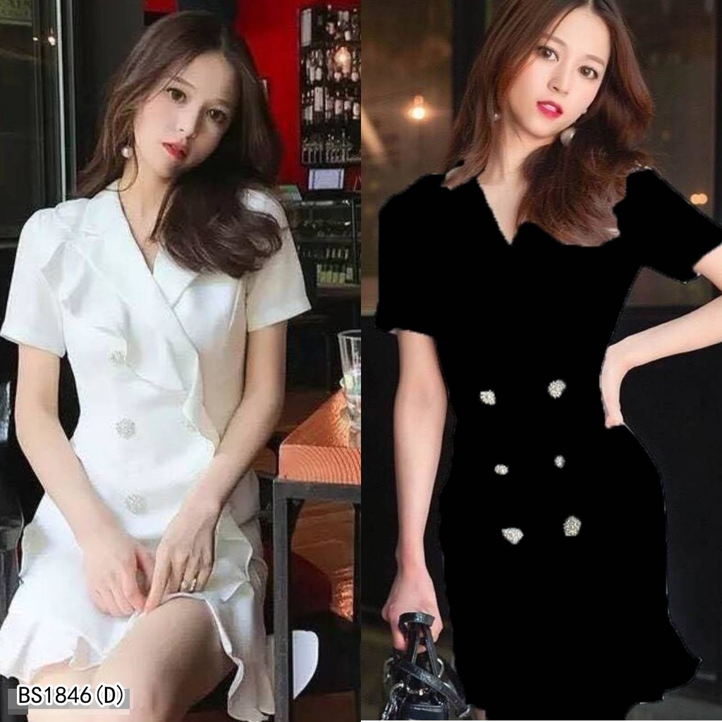C0915 dress เดรสปกสูท แขนสั้นผ้าฮานาโกะสีขาว