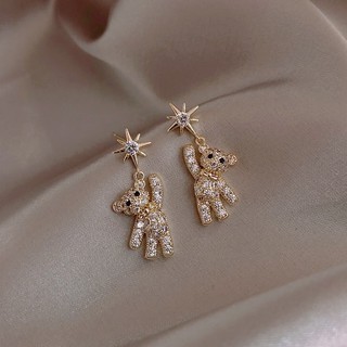 ♥พร้อมส่ง♥ต่างหูเกาหลีตุ้งติ้งเงินแท้ ลายหมีน้อย ประดับคริสตัล