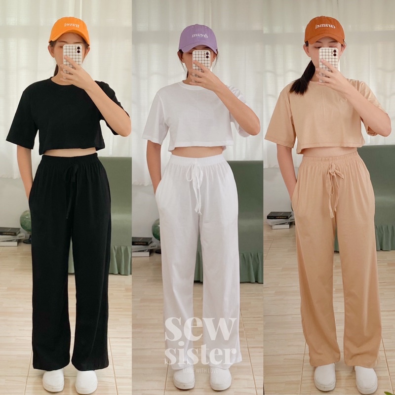 Sew.sister sporty set ชุดเสื้อครอป+กางเกงขายาว ผ้ายืด 3 สี