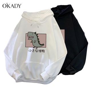 OKADY เสื้อกันหนาวมีฮู้ดแฟชั่นสำหรับผู้ชายสไตล์เกาหลีพิมพ์ลายหลวมสบาย ๆ เสื้อสเวตเตอร์คู่รักนักเรียน