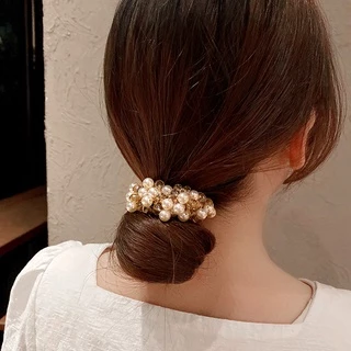 ยางรัดผมสไตล์สาวเกาหลี ประดับมุก คริสตัล ยืดได้ หางม้า