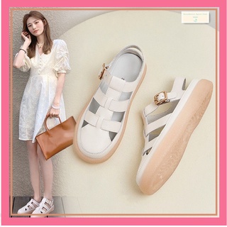 นกหัวขวานหนังรองเท้าแตะโรมันฤดูร้อน 2022 ผู้หญิงใหม่ถัก Baotou Casual กีฬา Flat Hollow Cage Shoes