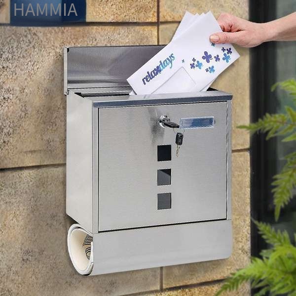HAMMIA กล่องจดหมาย สเตนเลส สไตล์ยุโรป ช่องแคบ แขวนล็อก กล่องจดหมาย สําหรับนอกบ้าน สวน