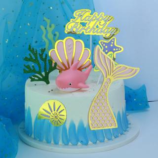 9 ชิ้น / เซ็ต ป้ายปักเค้ก ชุดหางนางเงือก Mermaid Shark Seaweed Happy Birthday Cake Topper Party Supplies