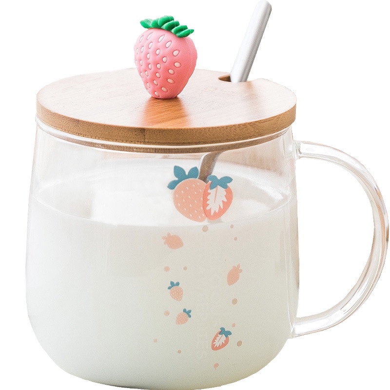 สตรอเบอร์รี่สีชมพูแก้วการ์ตูนสาวน่ารักด้วยหัวใจถ้วยเซรามิกที่มีฝาปิดช้อนแก้วถ้วยกาแฟสร้างสรรค์ - รูปที่ 3
