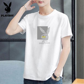 Playboy เสื้อยืดแขนสั้น ผ้าฝ้ายแท้ ครึ่งแขน แฟชั่นฤดูร้อน สําหรับผู้ชาย