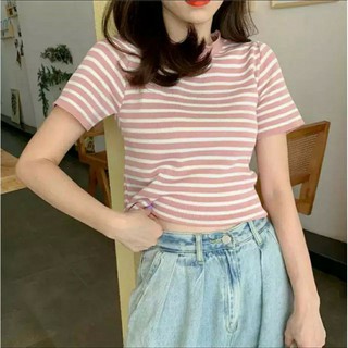 พร้อมส่ง เสื้อคอกลมลายทางขวาง สไตล์เกาหลี เสื้อแขนสั้น