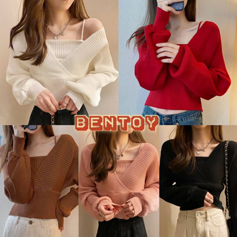 Bentoy*พร้อมส่ง*เสื้อครอปแขนยาวไหมพรมดีเทลแต่ง2ชิ้นสีพื้นน่ารักNO.3010