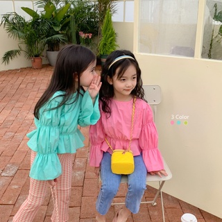 เสื้อเชิ้ตแขนพัฟน่ารัก สไตล์เกาหลี แฟชั่นฤดูใบไม้ผลิ สําหรับเด็กผู้หญิง