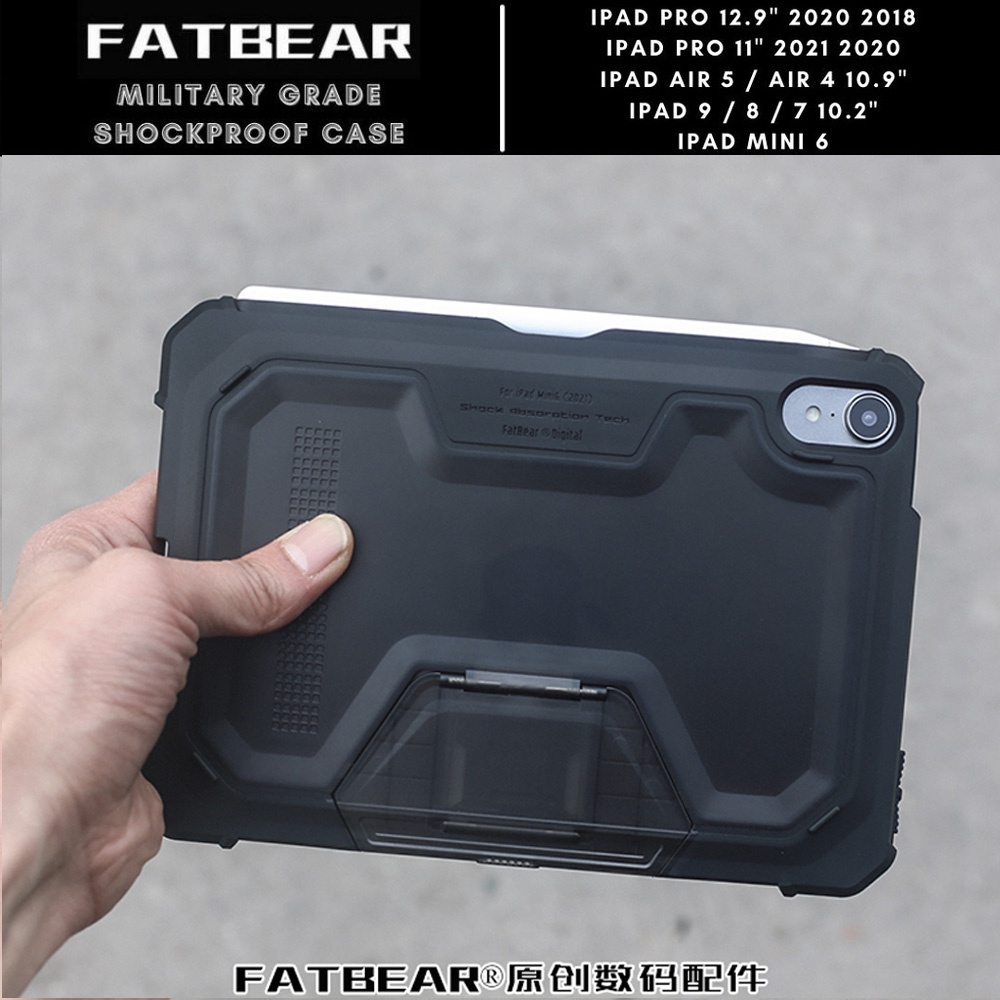 Fatbear สําหรับ iPad 9 8 7 Mini 7 A17 Pro 2024 Mini 6 5 4 Air 5 4 10.9" Pro 11 "12.9" 10.5" 2021 2020 2018 ป้องกันเกราะกันกระแทกเปลือกผิวขาตั้งกรณีปก