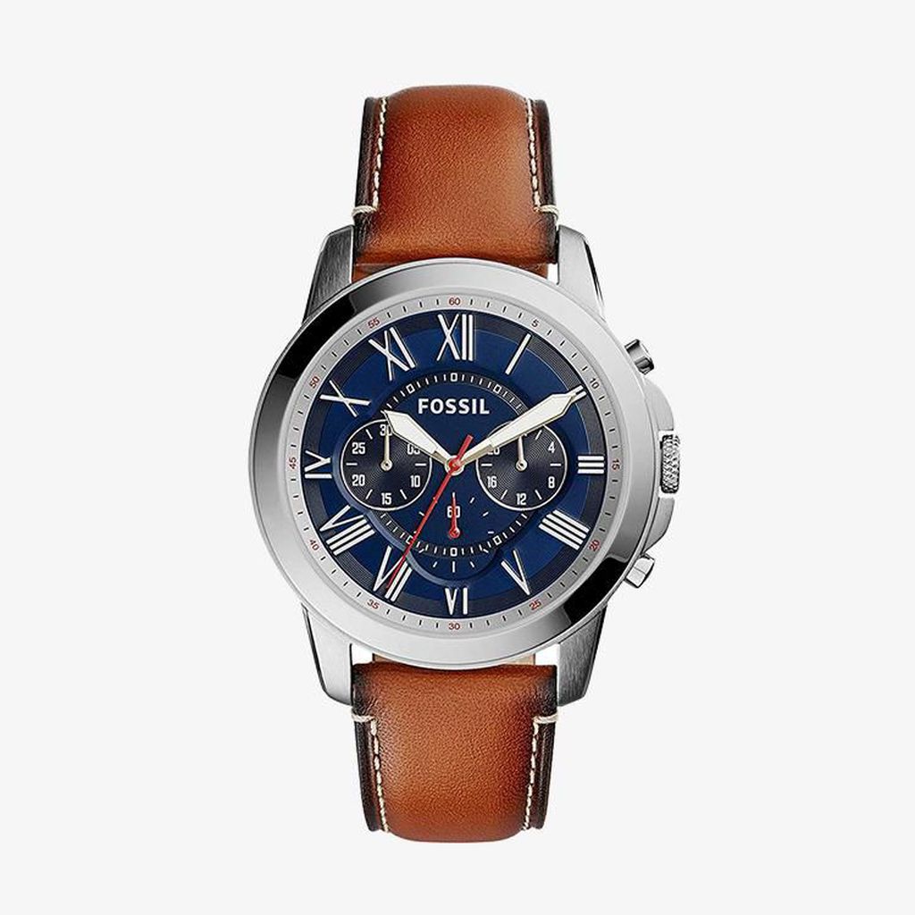 Fossil นาฬิกาข้อมือผู้ชาย Grant Chronograph Navy Blue Dial Brown รุ่น FS5210