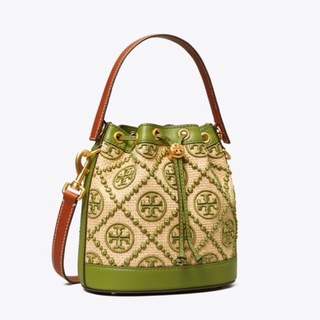 TORY BURCH T Monogram Straw Bucket Bag