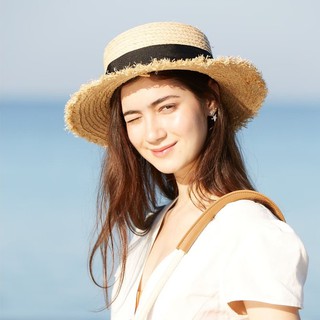 หมวกสานชายรุ่ย หมวกบังแดด ปรับขนาดได้ (BLACK TRIMMED STRAW HAT)