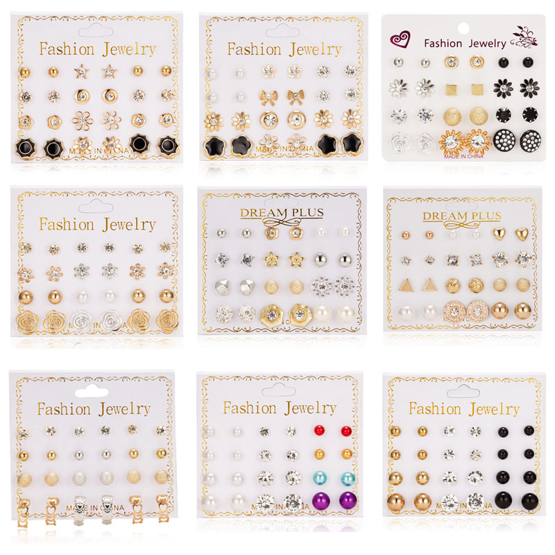 เครื่องประดับ ต่างหูเพทาย รูปหัวใจ ประดับเพชร ทรงสี่เหลี่ยม ขายส่งจากโรงงาน 12 คู่ต่อชุด