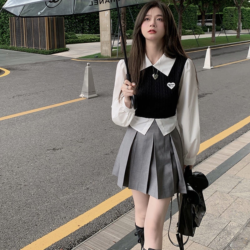 พร้อมส่ง ชุดเซตสไตล์เกาหลี เสื้อเชิ้ตแขนยาว+กระโปรงทรงเอ