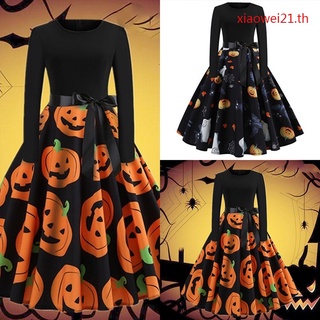 Women  Halloween Days Pumpkin Printed Dress Long Sleeve Party Dress