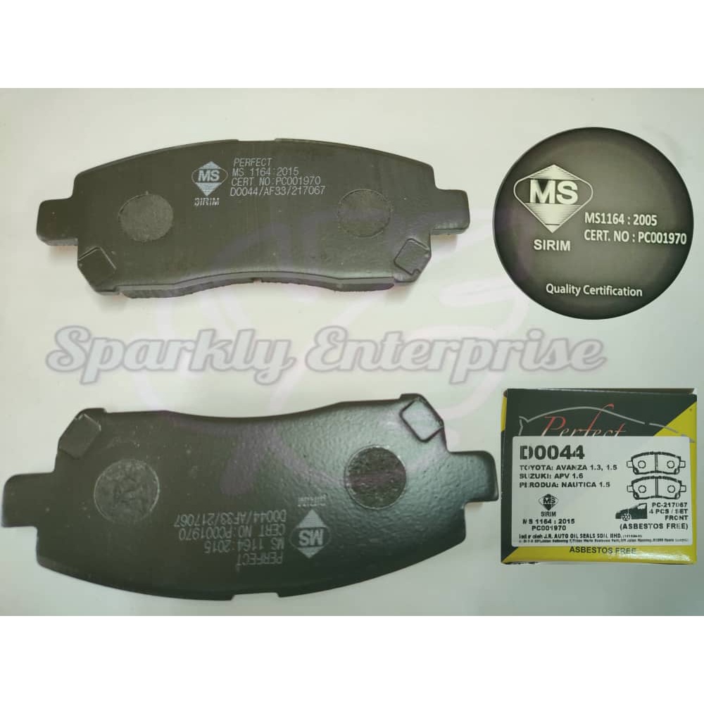 ผ้าเบรกหน้า D0044 TOYOTA AVANZA 1.3 , 1.5 / SUZUKI APV 1.6 / PERODUA NAUTICA 1.5 / TOYOTA RUSH