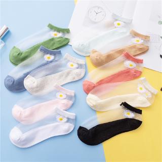 1Pairs Daisy Flower Ankle Socks / Korean Transparent Crystal Mesh  Glass Silk Socks / Women Ultra-thin Boat Socks