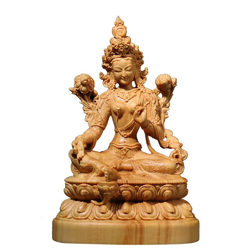 ♀✺❖Boxwood 12cm Bodhisattva Tara Green Sculpture Tibetan Buddha Wood Statue Worships Home Decor