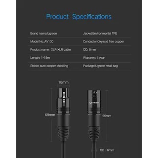 UGREEN สาย XLR ไมโครโฟน เสียง ปืนใหญ่ สายเคเบิล สายเคเบิล Aux ตัวผู้กับตัวเมีย