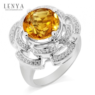 Lenya Jewelry แหวนพลอยซิทริน(Citrine) ดีไซน์เก๋รูปดอกไม้ บนตัวเรืองเงินแท้ชุบทองคำขาว