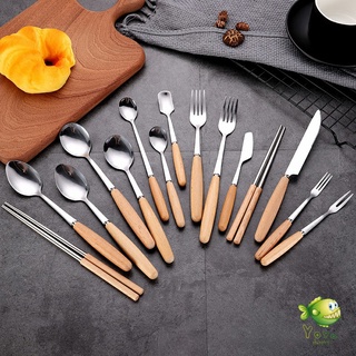 YOYO ชุด มีด ช้อน ส้อม ตะเกียบ วัสดุสแตนเลสและไม้ ช้อนส้อมด้ามไม้ Stainless steel cutlery