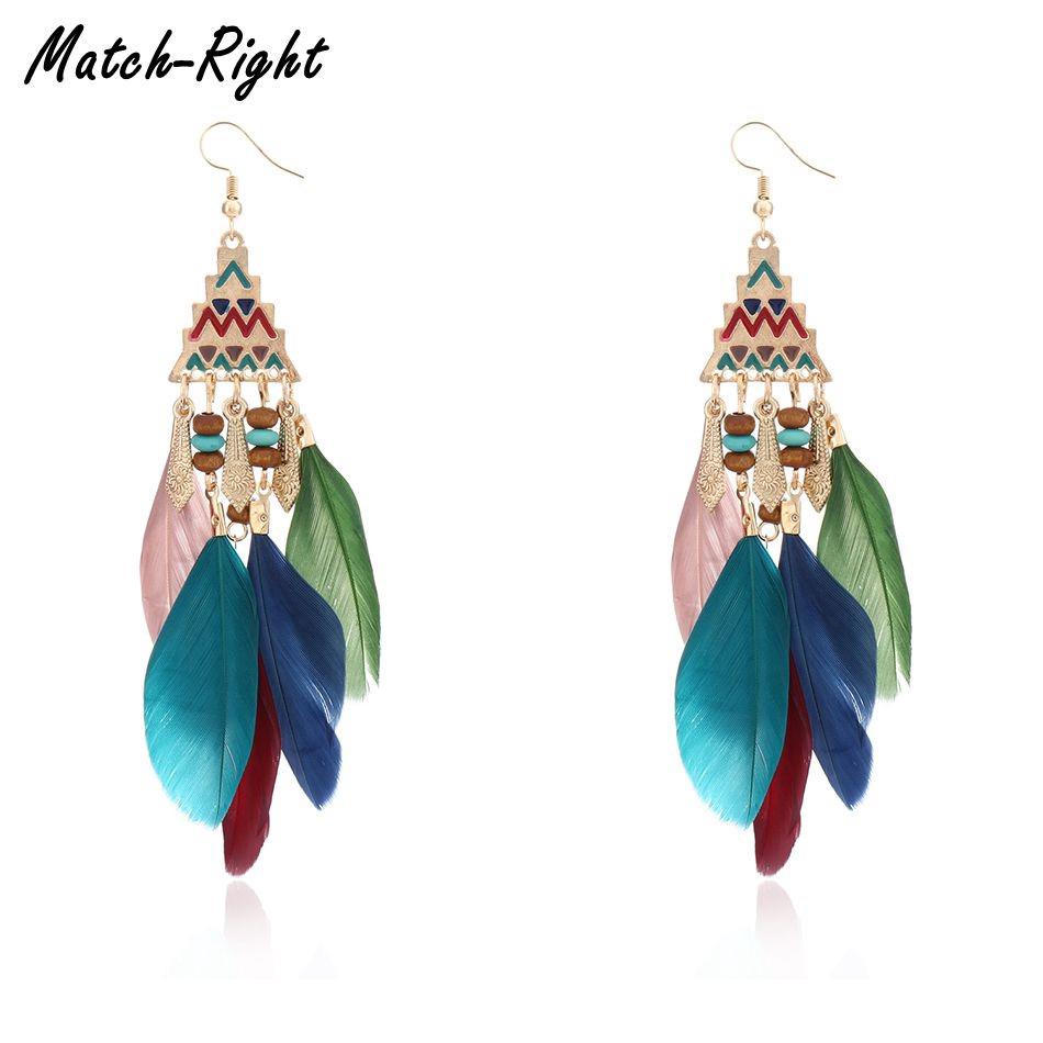 ต่างหูแบบติดหูพู่ที่มีสีสันชาติพันธุ์ Statement Earrings Colorful Feather tassel National Dangle Earring