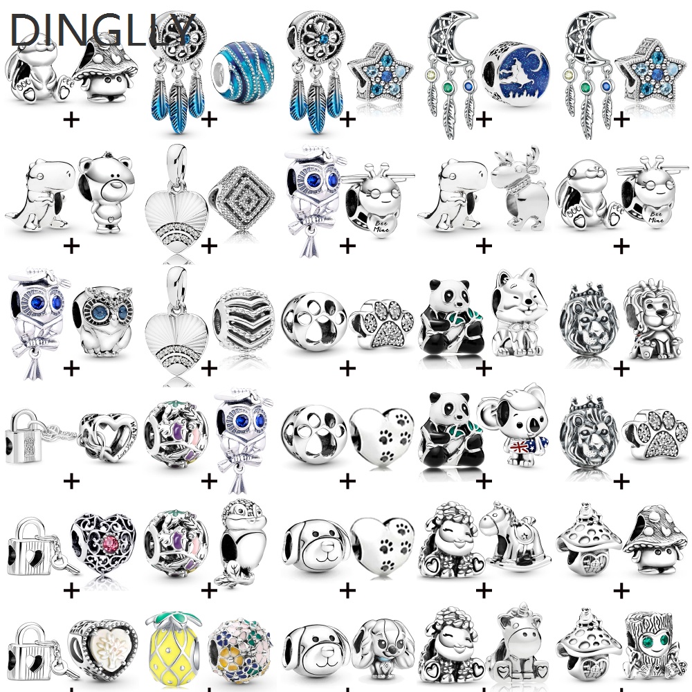 Dinglly 2 ชิ้น / ล็อต สัตว์ นกฮูก แพนด้า ลูกปัดดักฝัน กวางเรนเดียร์ เสน่ห์ สีเงิน เห็ด ลูกปัด พอดี DIY สร้อยข้อมือ อุปกรณ์เสริม