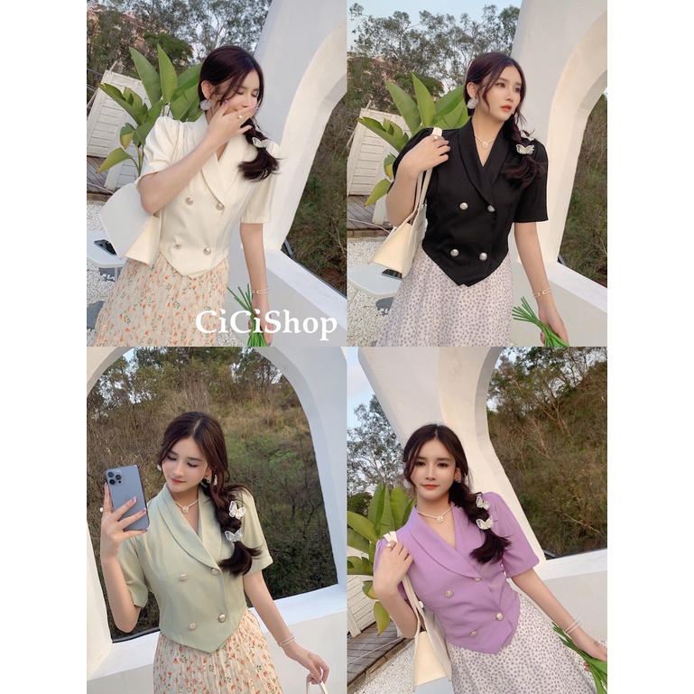 Cicishop(SALE/สุ่มสี 2178/2176)เสื้อครอป/เดรสทรงเบลเซอร์ ดีเทลแขนตุ๊กตาแต่งกระดุมทอง สไตล์โคเรีย
