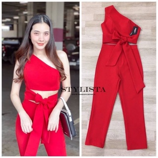 เซตเสื้อไหล่เฉียง ผูกเอวข้าง ขายาวสีแดง Tag : Stylista , Size : Xs