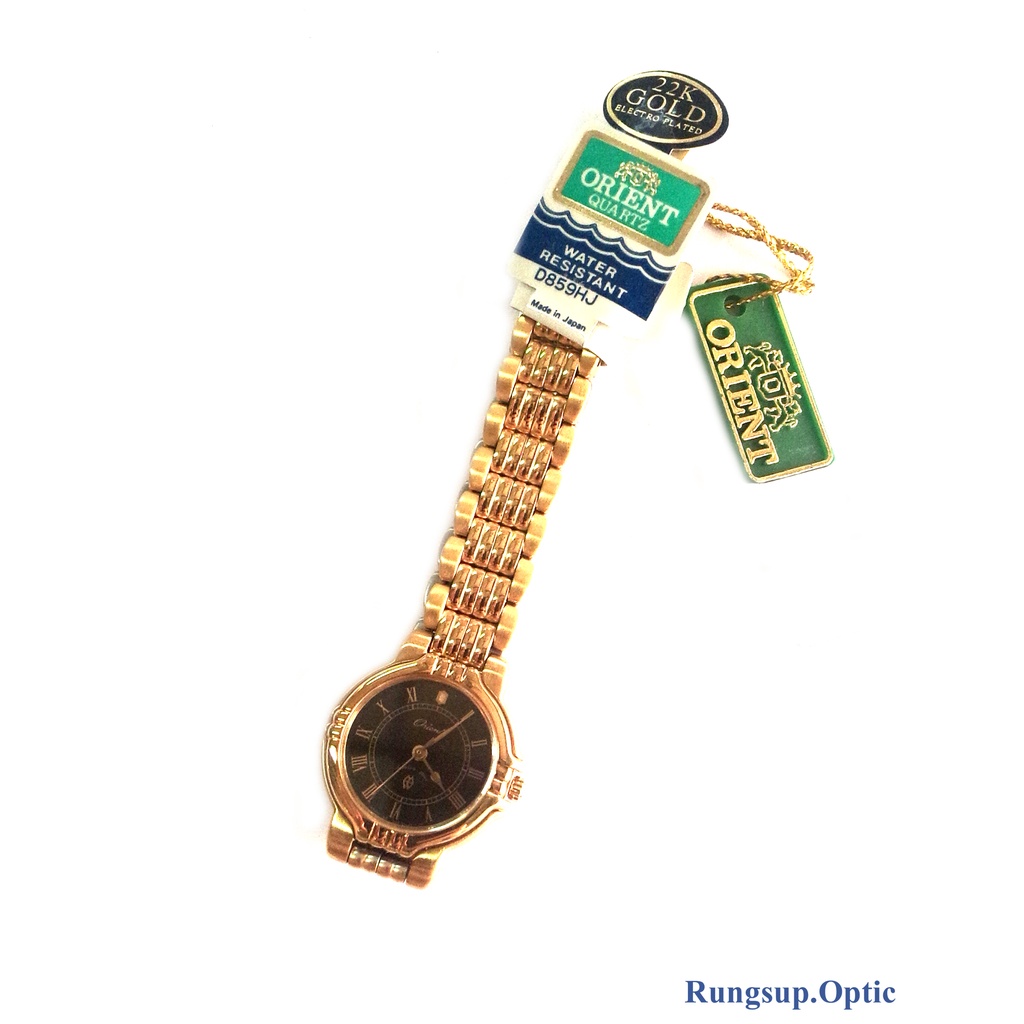ORIENT นาฬิกาข้อมือผู้หญิงสีทองเงา หน้าดำ ชุบทอง 22K ขนาดหน้าปัดตัวเรือน 18 มม.