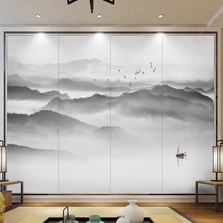 8d新中式黑白山水電視背景牆壁紙抽象意境客廳沙發影水墨山水國畫 400