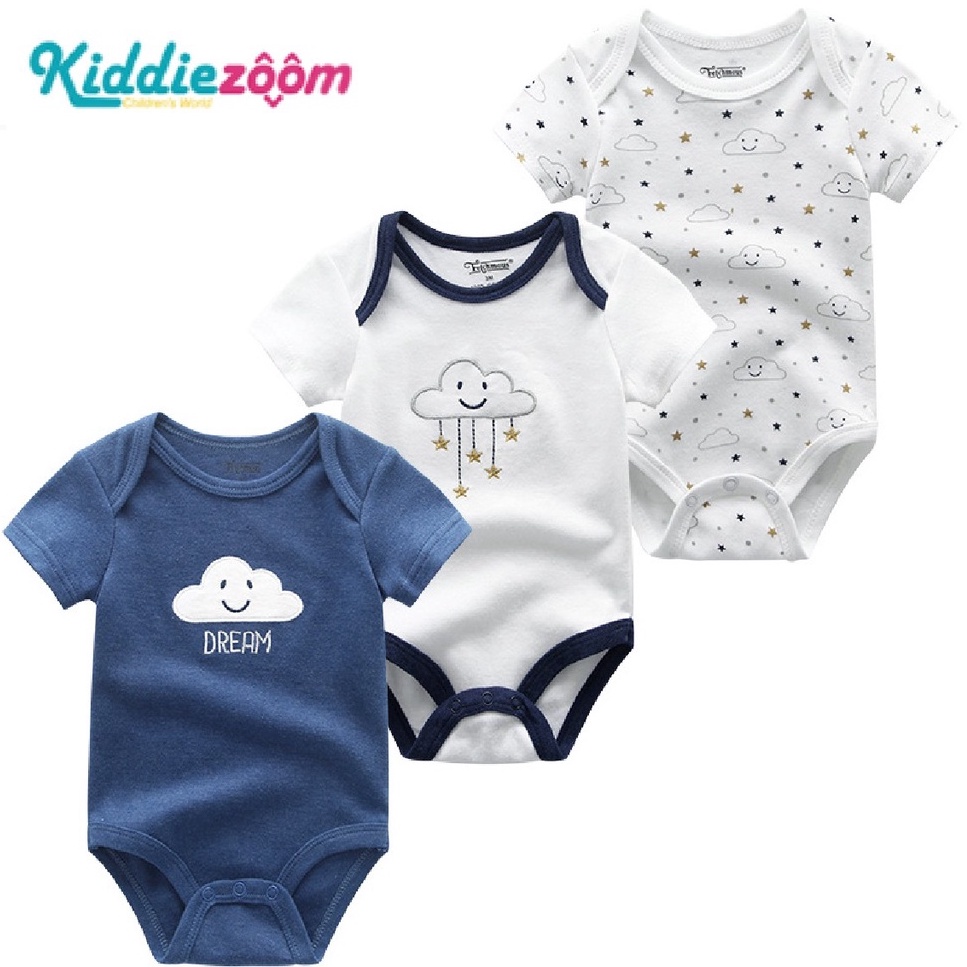 Kiddiezoom ที่รัก เด็กผู้ชาย ระบายอากาศได้ แขนสั้น สีฟ้า สูท ทารกแรกเกิด ผ้าฝ้ายแท้ ชุดสามชิ้น